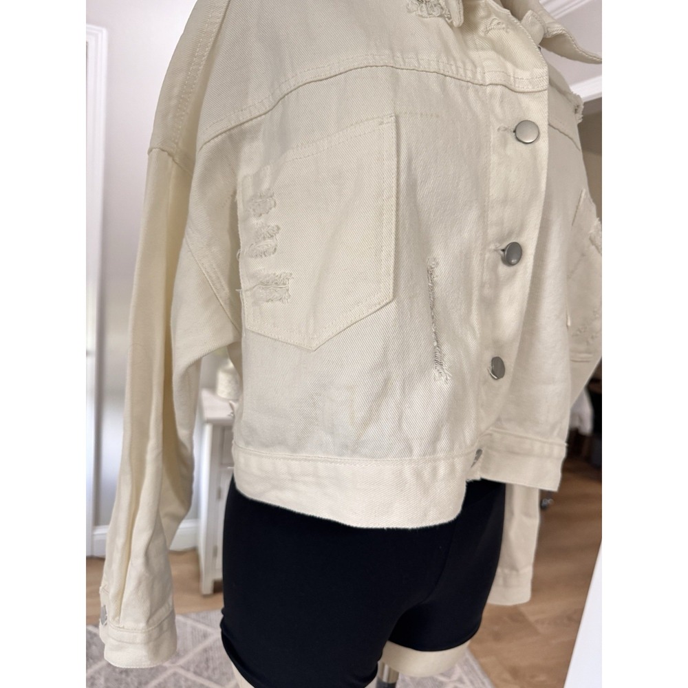 Blue B Collection Rhinestone Fringe Off White Denim Distressed Jacket Size‎ M/L - Picture 3 of 12